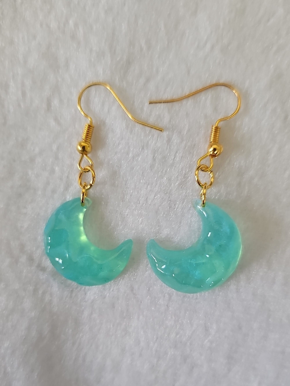 Gold Hook Aqua Crescent Moon Dangle Earrings